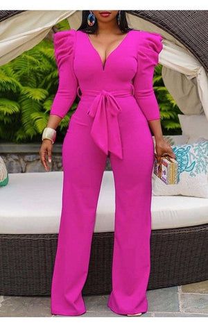 02 Gigot Sleeve Tied Detail V-Neck Jumpsuit