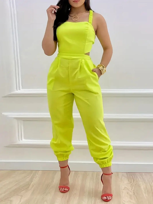 Lime Green Backless jumpsuit w/pockets