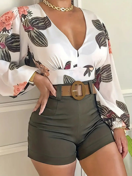 Casual Floral Print High Waist Shorts Set